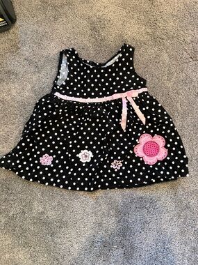 Blueberi Boulevard Black Dress with White Polka Dots and Pink Logo